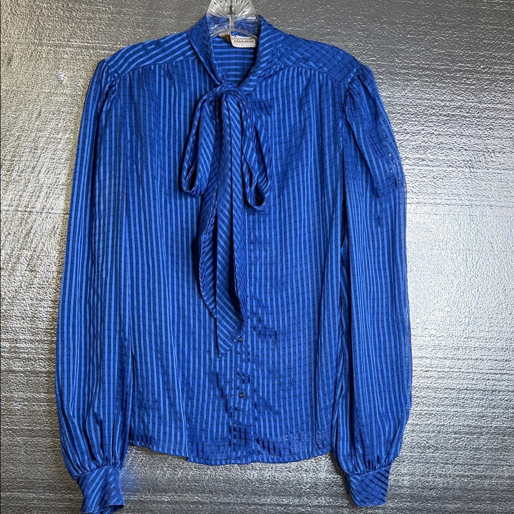 Vintage 80's Secretary Blue Lightweight Long Sleeve Blouse M